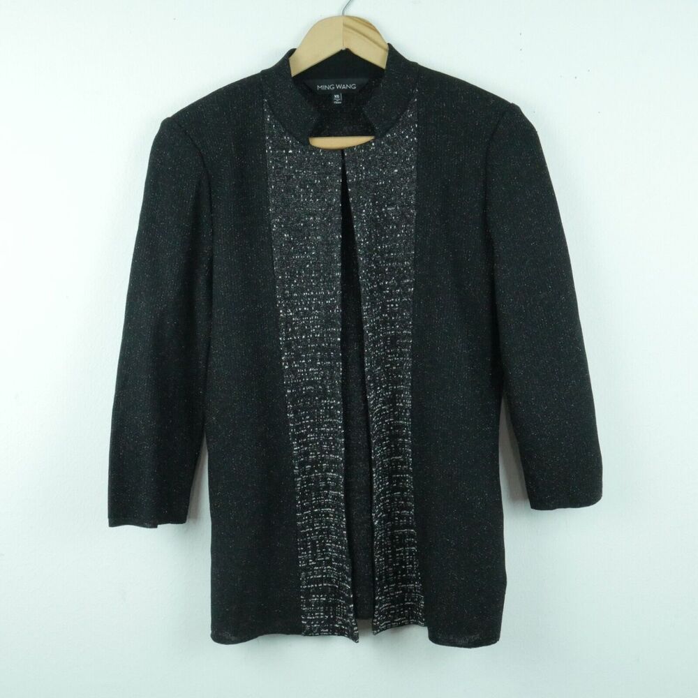 Ming Wang Women XS Jacket Open Blazer Sweater‎ Knit Career Mandarin Collar Black